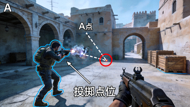 CSGO荒漠迷城地图A点烟雾投掷点位演示画面
