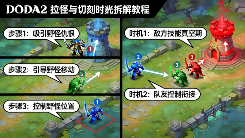 DOTA2拉怪与切入时机拆解教学场景示意图